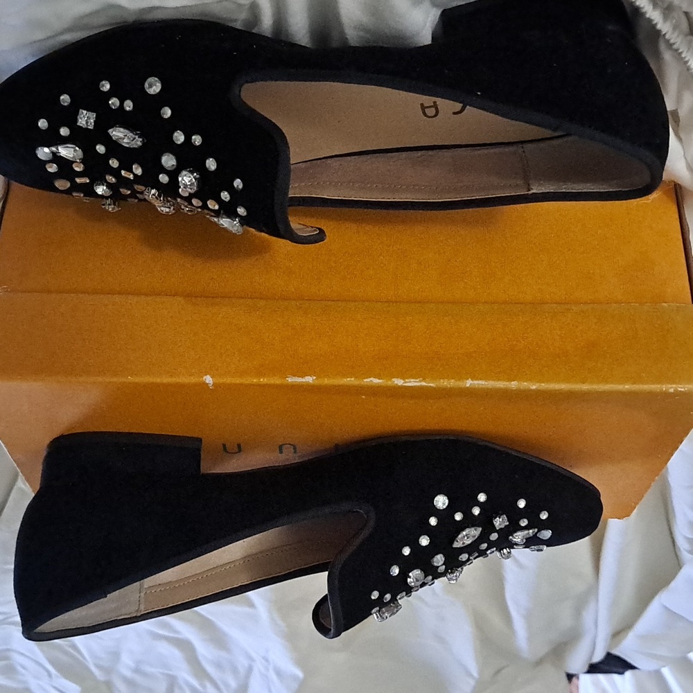 Unisa black fabric loafers with rhinestones